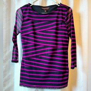 Women’s 3/4 length top, asymmetrical ruffles very forgiving with sheer sleeves